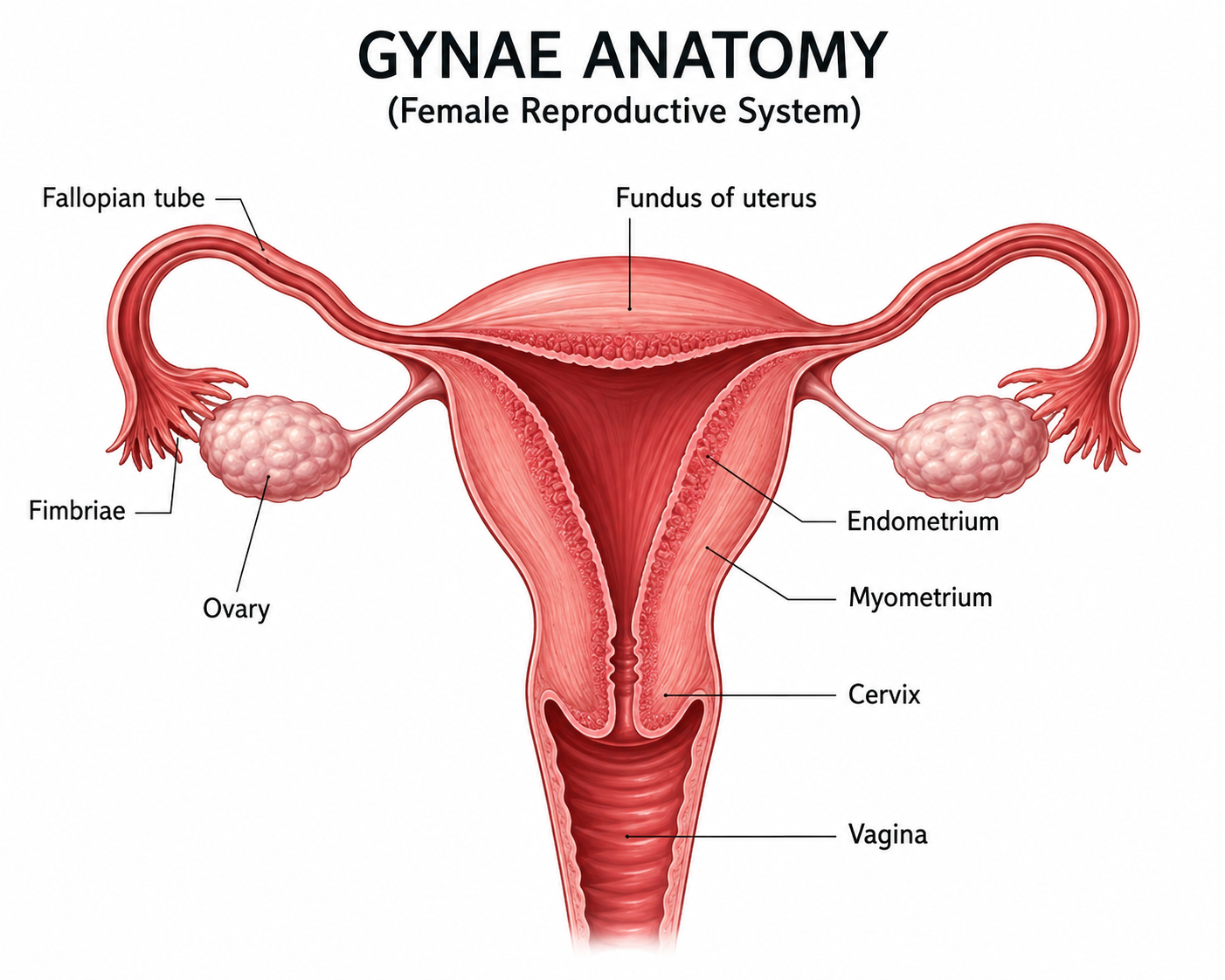 Illustration of the female reproductive system marking uterine, ovarian and cervical cancer sites