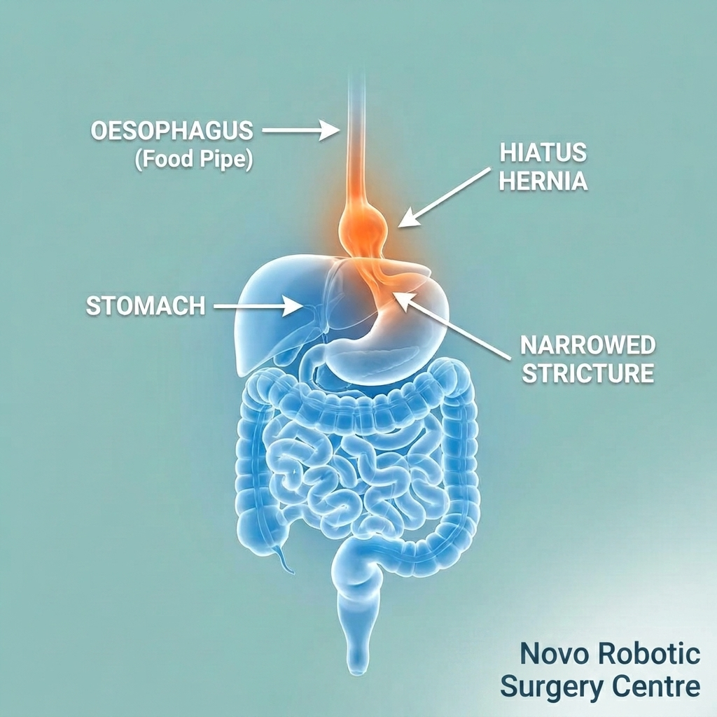 Diagram of the oesophagus, hiatus hernia and narrowed stricture